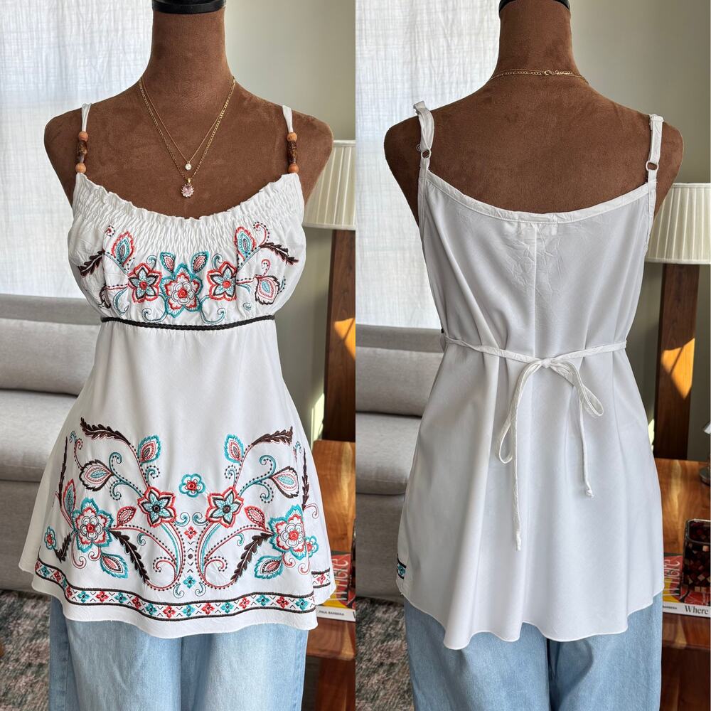 2000s Vintage Soulmates Embroidered Babydoll Tank Top Y2K Beaded Smocked XL